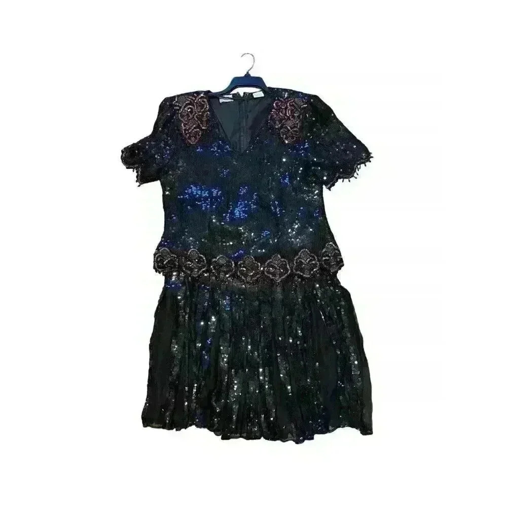 Vintage Stenay Black Beaded Sequin Silk Skirt Set two pieces Size Large